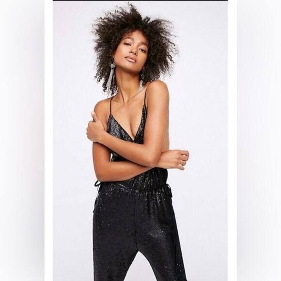 FREE PEOPLE all black slouchy sequin jumpsuit S - Picture 2 of 8